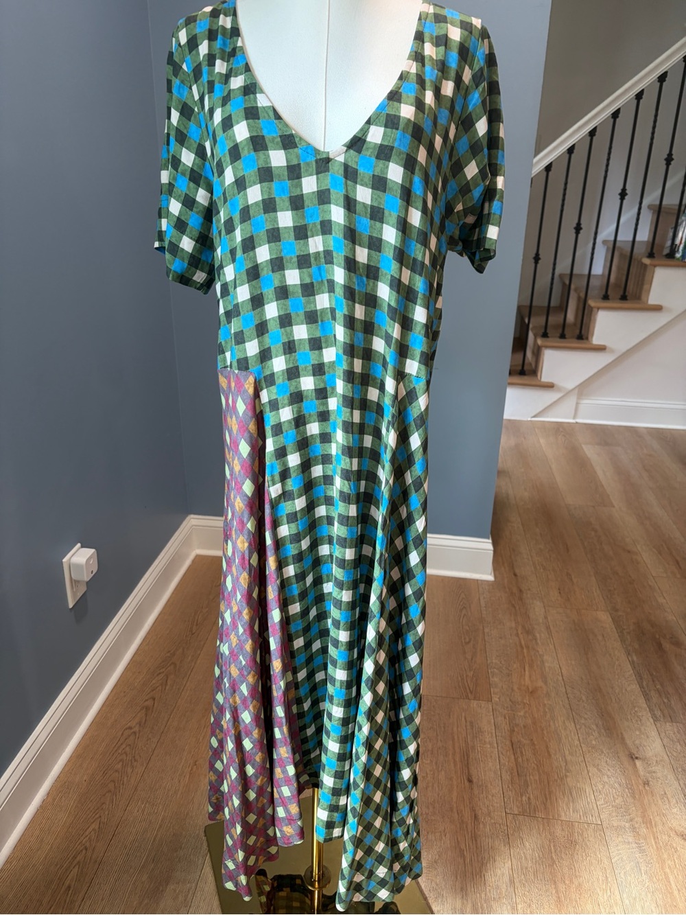 Back Beat Co Patchwork Gingham Maxi Dress Green Blue Plaid XS/S